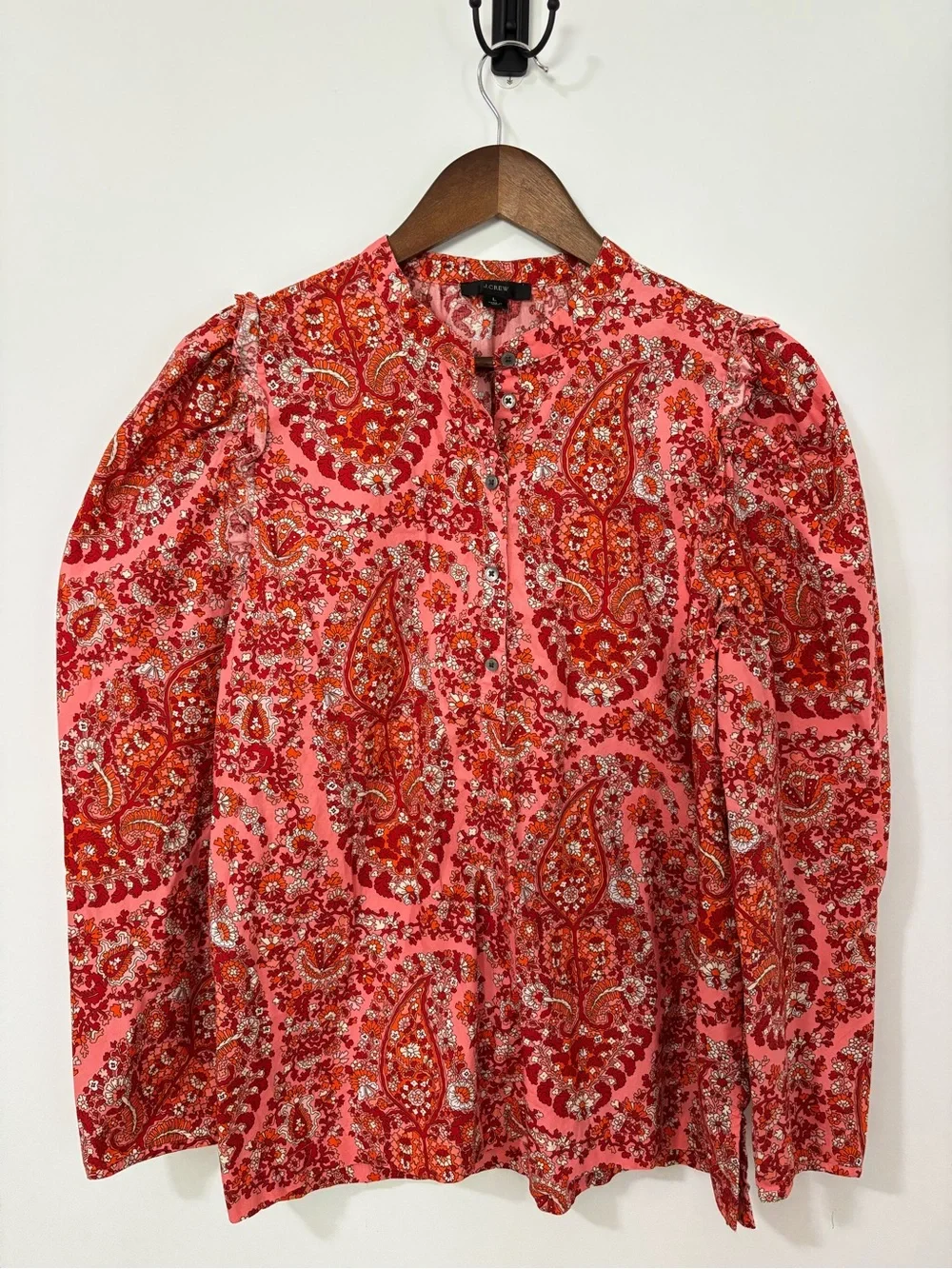 J.Crew Re-Imagined Large Pink Paisley Floral Ruffle Puff Sleeve Blouse Cotton